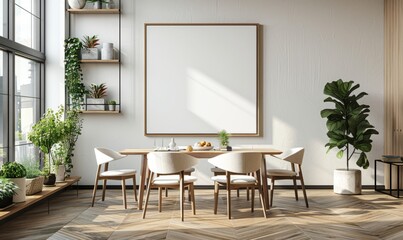 Cozy dining room with a blank canvas on the wall