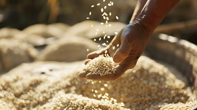 Farmer selects the impurity out off the grain jasmine rice seed by traditional hand process. Rice seeds are dried in the sun after being harvested from rice fields and milling