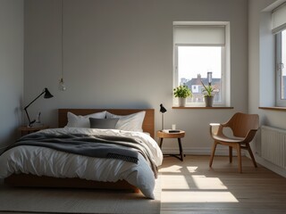 Modern Minimalist Bedroom with Sunlight Streaming Through Window