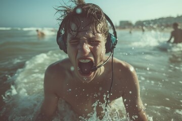 Freaky Gamer Guy Wearing a Headset at the beach