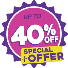 Vector a purple sticker that says up to 40 % off.