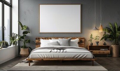 Elegant bedroom with a blank canvas above the bed