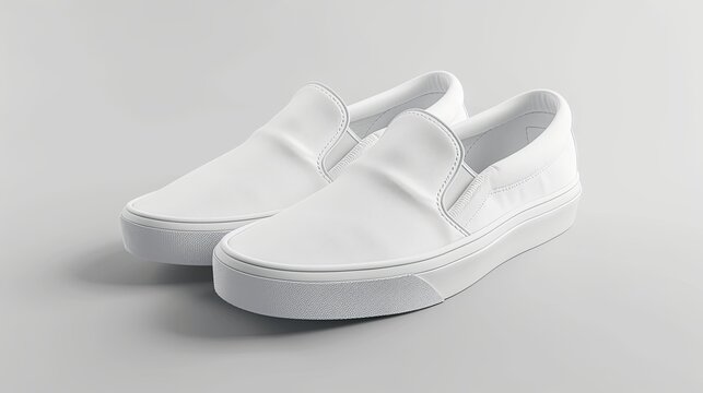 Blank white slip-on shoe design mockup, side view, 3d render, clipping path. Plain hipster slipon mock up template stand. Urban skate shoes with clear label presentation