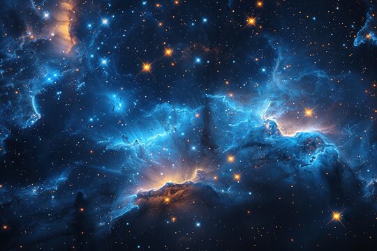 A stunning image of a blue cosmic nebula with bright stars and glowing clouds, presenting a mesmerizing view of the universe filled with mystery and wonder.