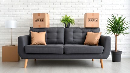 Fototapeta premium Gray sofa with two tan cushions in white brick wall room, two boxes on sofa, small potted plant on back, large potted plant on right side