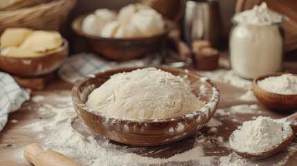Fototapeta premium Dough preparation flour measurement dough ingredients background image for text copying