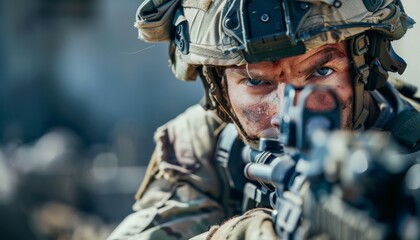 Fototapeta premium Focused Modern Soldier with Intense Expression Aiming Rifle in Combat Gear