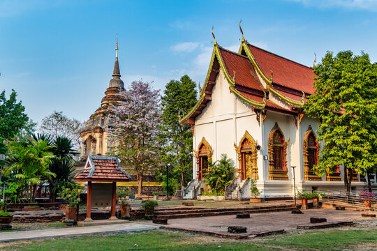 Wat Chet Yot, seven pagoda temple. Ancient buddhist temple Wat Jed Yod in Chiang Mai, Thailand.