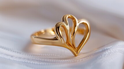 A gold ring with a heart-shaped design, isolated on a white background, capturing its romantic and...