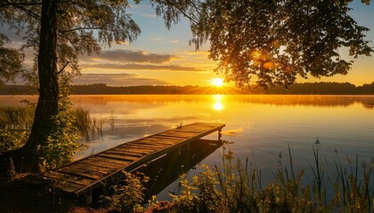 Fototapeta premium Serene Sunrise Over a Tranquil Lake with a Wooden Pier