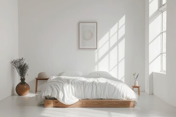 A modern white bedroom with a low-profile bed, white walls, and a single piece of abstract art, creating a calm and uncluttered environment