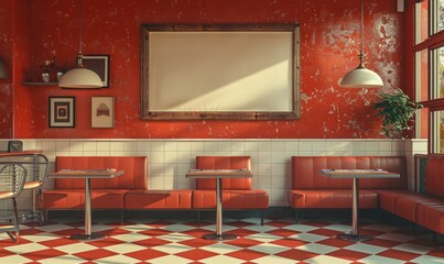 Retro diner with a blank menu board on the wall