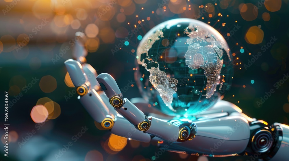 Poster a robotic ai hand showcasing a 3d globe, surrounded by a bokeh background that adds a touch of elega