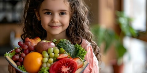 Child holding a shield of fruits and vegetables to boost immune system. Concept Child's Health, Immune System, Nutritious Foods, Shield Concept, Fruit and Vegetables