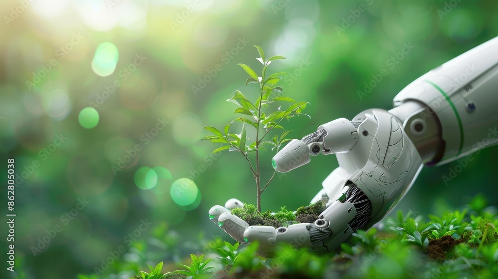 Poster a futuristic robotic ai hand gently planting a small tree, set against a soft green bokeh background