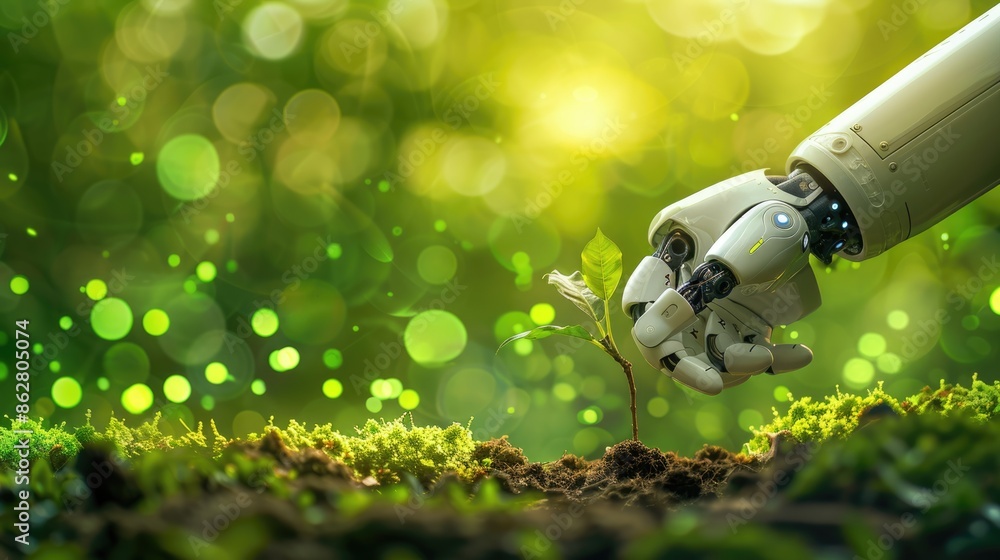 Poster a robotic ai hand planting a tiny sapling, surrounded by a green bokeh background that enhances the 