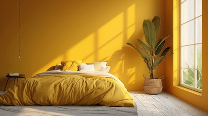 A minimalist bedroom featuring a warm yellow color scheme, with clean lines and uncluttered space. The image offers ample copy space for customization, perfect for showcasing modern interior design