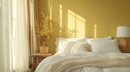 A cozy bedroom decorated in soft shades of yellow, with minimalist furniture and decor creating a warm and inviting atmosphere. The image provides plenty of copy space for adding text or graphics.