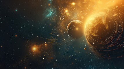 Elegant astrology background with planets and star maps, ample space for text