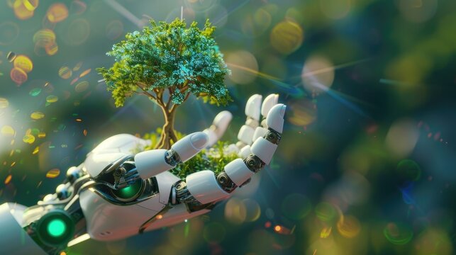 Close-up of a robotic AI hand delicately displaying a holographic miniature tree, with a blurred digital bokeh background emphasizing sustainability