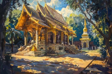 Naklejka premium An evocative oil painting of a Thai temple scene, portrayed on canvas with skillful use of light and shadow to emphasize architectural grandeur and spiritual significance