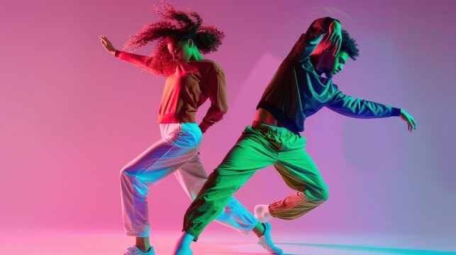 Two dancers in colorful light