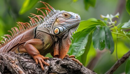 Fototapeta premium Portrait of an Iguana on a Tree Trunk Captured in Its Natural Environment