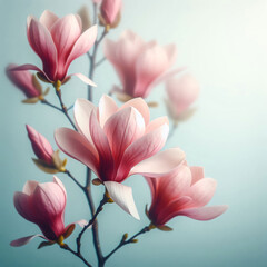 Elegant pink magnolia flowers in a soft pastel background, a floral beauty concept. Background with...
