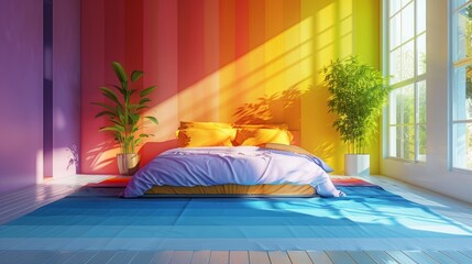A stylish bedroom featuring a vibrant rainbow color scheme, with minimalist furniture and decor creating a sleek and contemporary look. The image provides ample copy space for adding text or graphics.