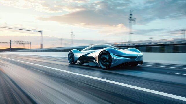 A futuristic electric vehicle speeding on a highway, captured in motion with a blurred background to symbolize clean and efficient transportation