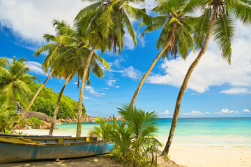 Docked fisherman's boat on the sand under coconut palm trees near the beach of Anse Takamaka, sunny...