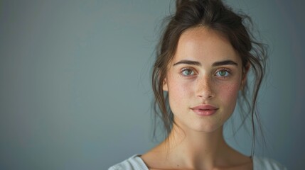 An engaging portrait of a young female presenter with a solid background, emphasizing her articulate expression and captivating presence