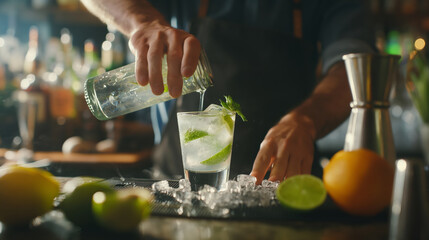 A bartender is pouring a drink into a glass with a lime wedge in it. The drink is a mojito, and the bartender is using a shaker to mix it. The scene is set in a bar