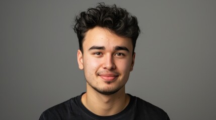 Obraz premium A headshot of a young man presenter with a solid background, emphasizing his articulate expression and confident demeanor