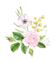 Colorful watercolor summer flowers bouquet, hand drawn botanical illustration,  bright watercolor flowers blooms, artistic, painting, Wedding stationary, greetings, wallpapers, fashion