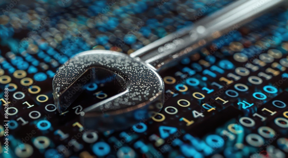 Poster silver wrench on digital binary code background