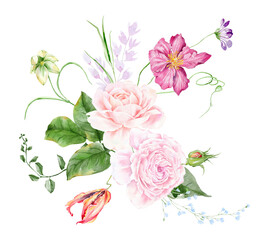 Colorful watercolor summer flowers bouquet, hand drawn botanical illustration,  bright watercolor flowers blooms, artistic, painting, Wedding stationary, greetings, wallpapers, fashion