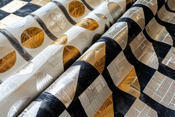 Clean, geometric patterns in art deco style, with a modern twist in metallic colors like gold and silver.