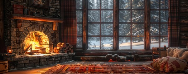 A cozy cabin fireplace in winter. Realistic.
