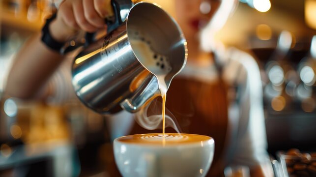 Close-up of a barista in a busy cafe, captured in a raw photo from a dynamic angle while pouring latte art, demonstrating skill and attention to detail