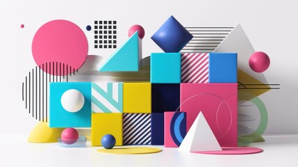 Dynamic abstract composition with geometric shapes in vibrant colors, showcasing modern design and creativity in 3D rendering.