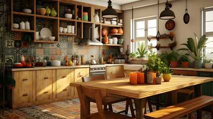Design a bohemian kitchen with patterned tiles, macrame accents, and a mix of textures