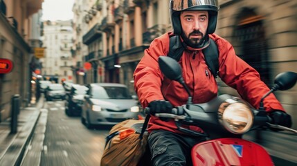 An authentic portrait of a delivery scooter driver in action, photographed in a raw style with a dynamic angle, highlighting dedication and reliability in urban logistics