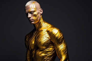 Portrait of Caucasian man model with liquid golden, blue, yellow paint on his skin, soft lighting, gray, black background