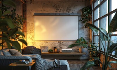 Cozy office with a blank screen on the wall