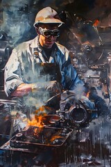 Industrial Worker Operating Machinery With Sparks and Smoke in a Factory Setting. Generative AI