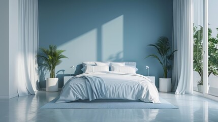 A serene baby blue bedroom designed in a minimalist style, with clean lines and a calming color scheme. The image offers ample copy space for customization, making it perfect for showcasing interior