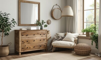 Elegant bedroom with an empty frame on the dresser