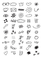 Doodle illustrations set. Doodles, stars, sparkles, hearts, decorations, frames, speech bubbles, arrows, check boxes, spiral, egg, light bulb. Vector illustration