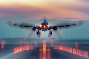 Naklejka premium A commercial aircraft soars through the sky, with the background blurred to create a sense of rapid movement. This image represents the efficiency and speed of modern air shipping.